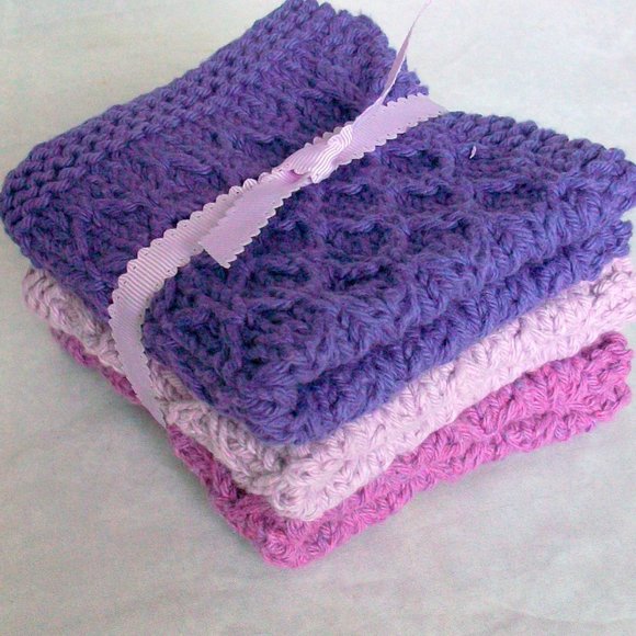 Handmade Purple Knit Cotton Wash Dish cloths Set of 3 - Picture 1 of 6